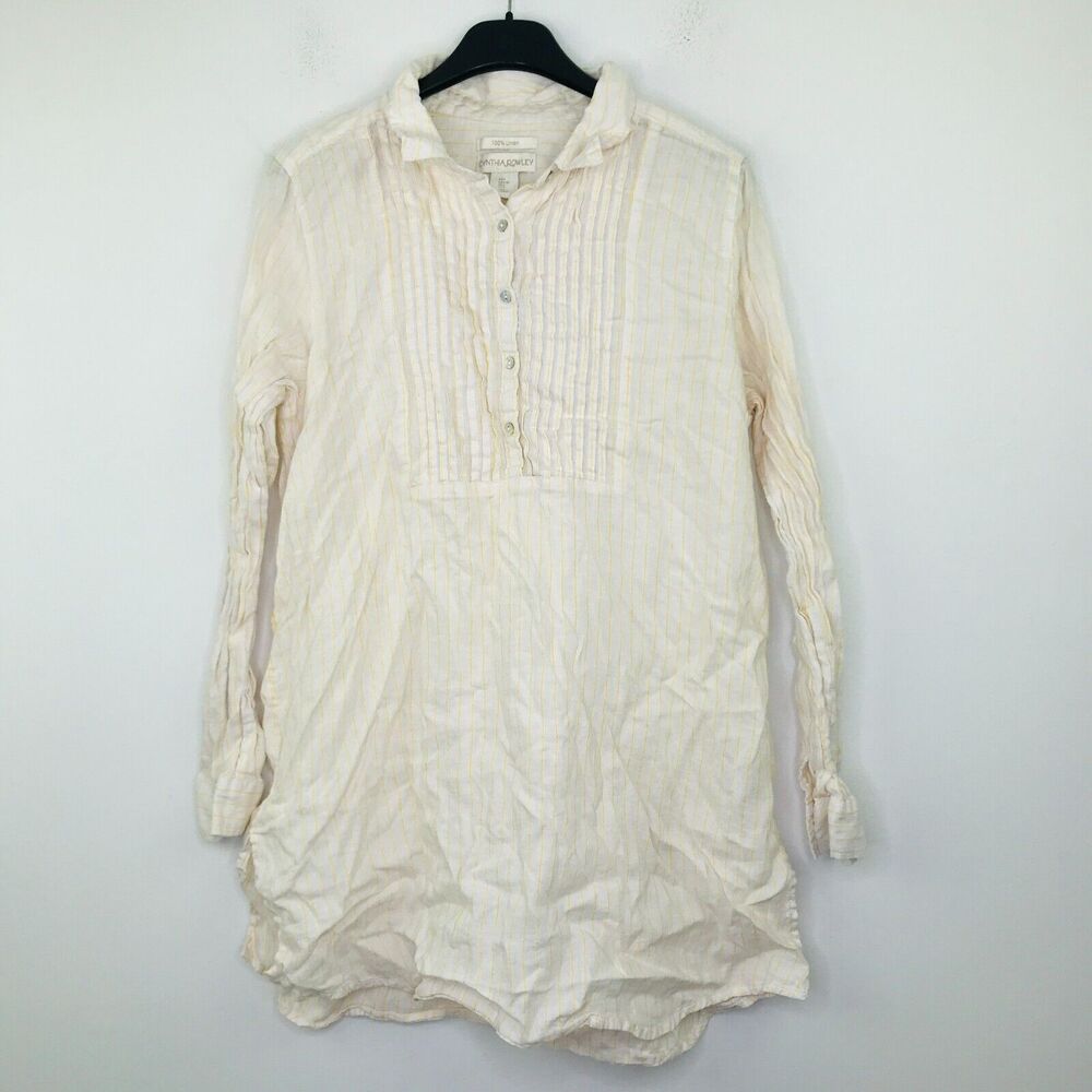 Cynthia Rowley Women's Large Blouse White Yellow Striped Pleated Popover BR9